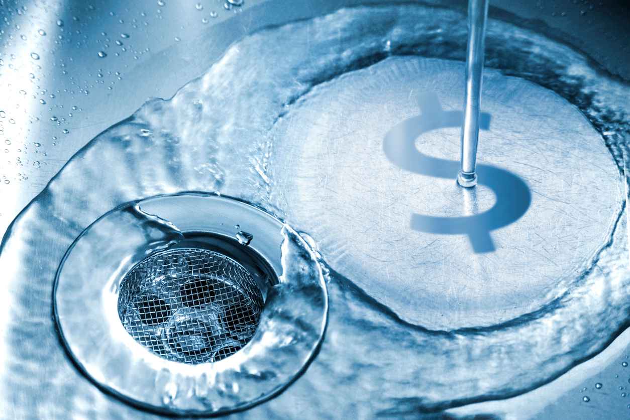 water flowing into drain with dollar sign, cost of water