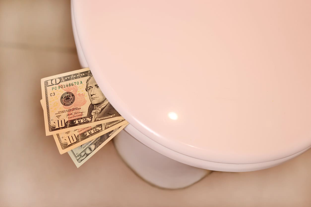 Close Up of Toilet with Money