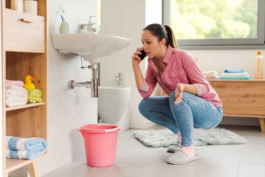 Woman calling a professional plumber at home using her smartphone, her bathroom sink is leaking